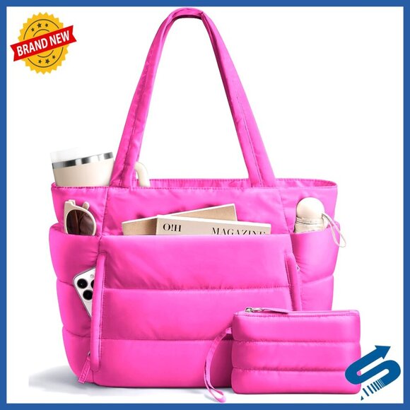Handbags - Lightweight Puffer Tote Bag with Laptop Sleeve & Tumbler Holder